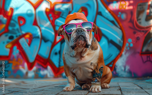 Stylish english bulldog: a colorful canine adventure by the graffiti wall