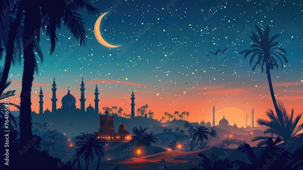 watercolor illustration, Laylat al-Qadr, Eid al Fitr, Eid Mubarak, silhouette of a mosque, Islamic city against the night sky, bright crescent and stars, vintage style