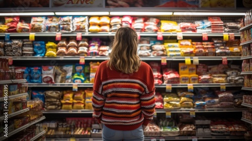 A woman in a supermarket chooses products on a shelf