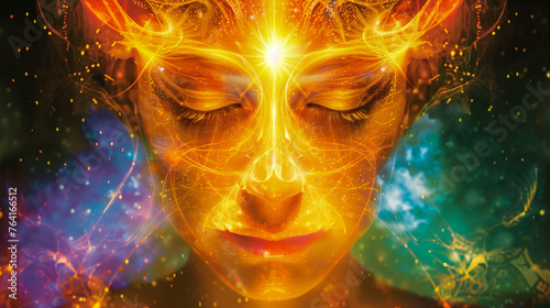 The image shows a peaceful face with eyes closed and glowing lines like a mask of light