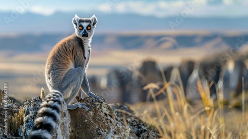 A ring-tailed lemur is perched on a rock, resting while looking around its surroundings. The lemurs distinctive striped tail curls around its body as it sits comfortably. photo