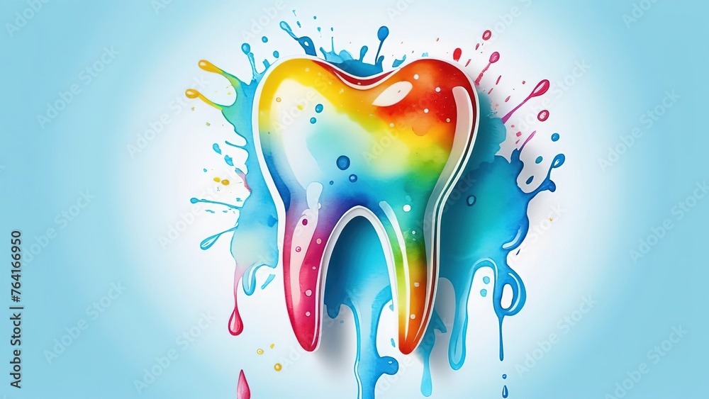 Watercolor illustration on the theme of dentistry and medicine. Drawing of a healthy tooth on a blue background