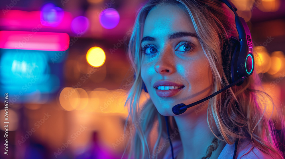 Elegant Woman.Motivational speaker with headset performing on stage. Elegant Woman.Motivational speaker with headset performing on stage.