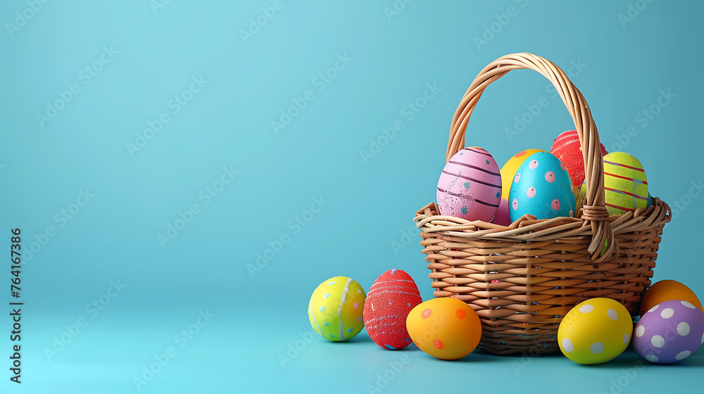 Happy Easter Day Poster and Banner Template, colorful Easter eggs, blue background, easter eggs and flowers, rabbit Happy Easter Day Poster and Banner Template, colorful Easter eggs, blue background, easter eggs and flowers, rabbit