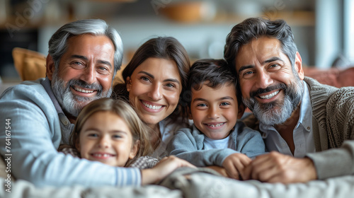 Happy extended multi generation family gathered together on sofa at home. modern home.