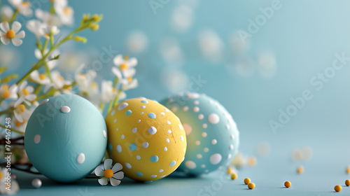 Happy Easter Day Poster and Banner Template, colorful Easter eggs, blue background, easter eggs and flowers, rabbit photo