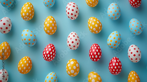 Happy Easter Day Poster and Banner Template, colorful Easter eggs, blue background, easter eggs and flowers, rabbit photo