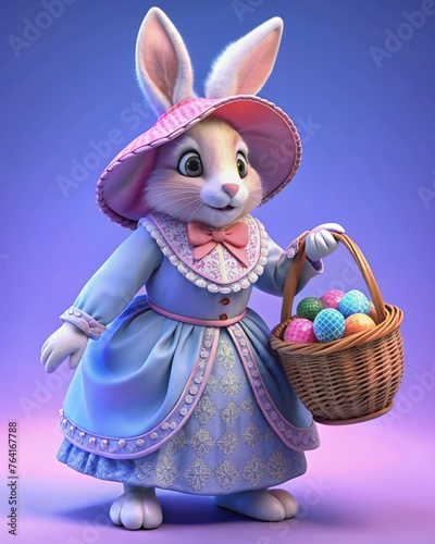 Easter bunny in a Victorian voluminous dress, wearing a pink hat, and with a basket full of colorful Easter eggs. photo