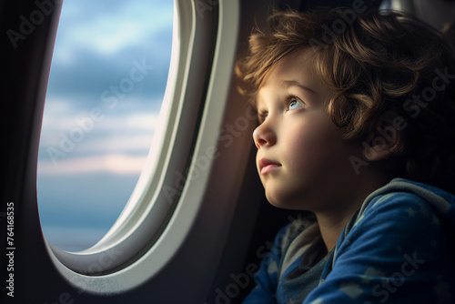 Created with generative Ai image of adorable happy cute child in airplane © deagreez
