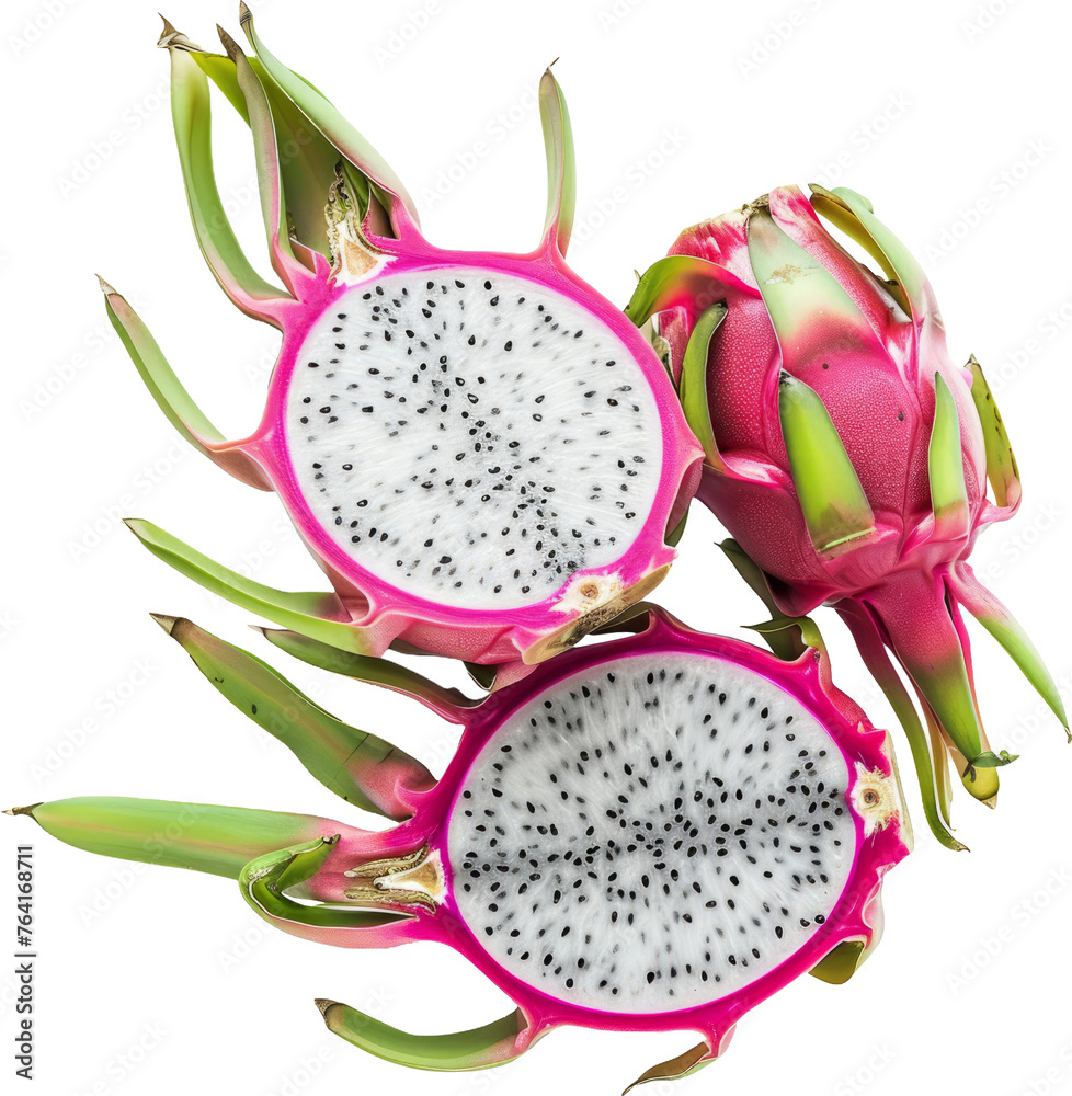 Pink dragon fruit sliced open revealing white flesh, cut out transparent Pink dragon fruit sliced open revealing white flesh, cut out transparent