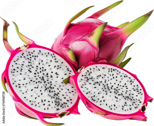 Pink dragon fruit sliced open revealing white flesh, cut out transparent