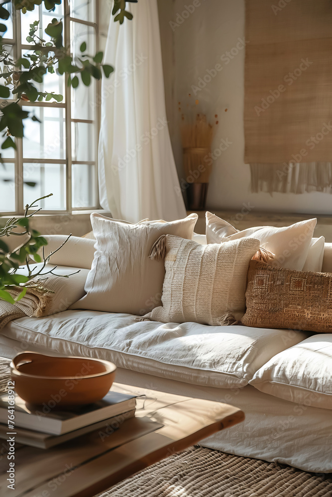 Fototapeta premium Cozy boho-chic living room bathed in natural light, inviting relaxation and comfort