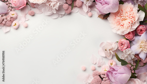 Mother day. Framed flowers isolated on white background top view. Mixed flower arrangements. Blooms for mom. Copy space. Wedding concept. Bride beautiful bouquet. Birthday, Valentine day. Banner