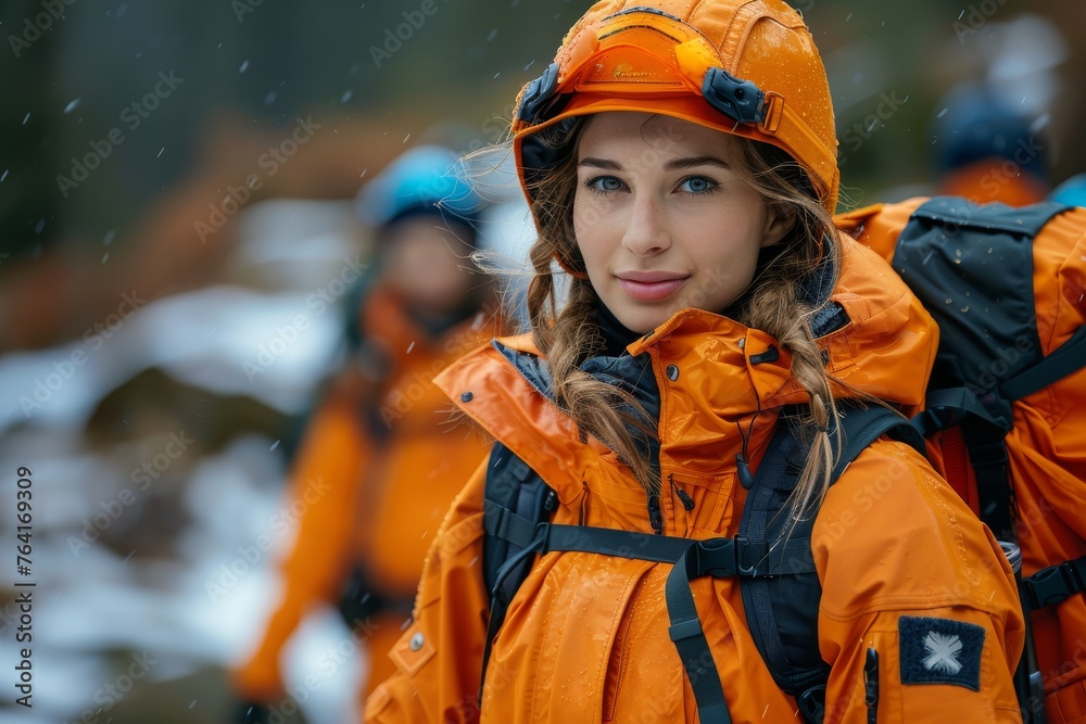 Attractive female hiker in bright orange rain gear with forest backdrop and group of hikers Attractive female hiker in bright orange rain gear with forest backdrop and group of hikers