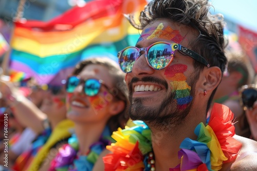 A vivid and energetic scene from a Pride parade, showing a participant adorned with colorful decorations