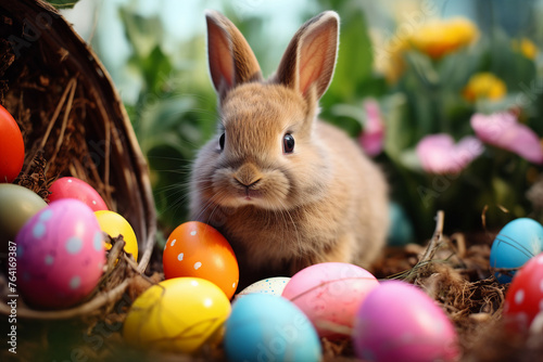 Funny Easter themed Generative AI illustration eggs bunny dinner celebration party nature atmosphere