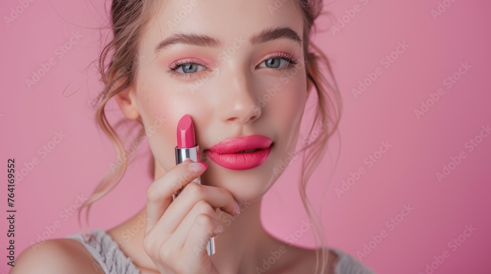 Close-up of sensual woman applying pink lipstick, beauty portrait with focus on luscious lips and makeup application against a vivid pink background - AI generated. Close-up of sensual woman applying pink lipstick, beauty portrait with focus on luscious lips and makeup application against a vivid pink background - AI generated.