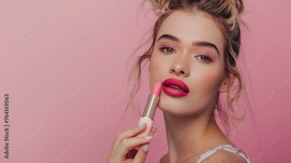 Close-up of sensual woman applying pink lipstick, beauty portrait with focus on luscious lips and makeup application against a vivid pink background - AI generated. Close-up of sensual woman applying pink lipstick, beauty portrait with focus on luscious lips and makeup application against a vivid pink background - AI generated.