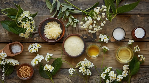 Create an image of the natural skin care ingredient Shea Butter. Cocoa Butter, Sea Body Thorn Oil And fractionated coconut oil sings wood. inside small flower