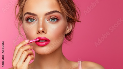Close-up of sensual woman applying pink lipstick, beauty portrait with focus on luscious lips and makeup application against a vivid pink background - AI generated.