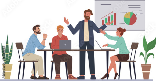 Business conference flat vector illustration boss and employees discussing project