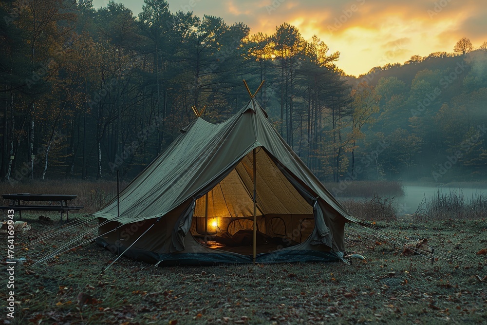 A serene autumnal setting featuring a canvas camping tent illuminated from inside amidst a tranquil forest at dusk