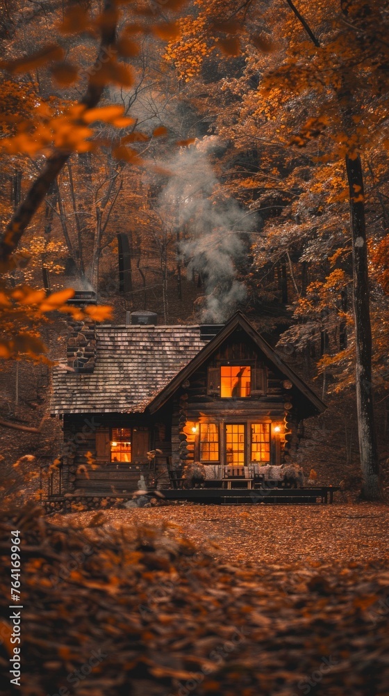 A cabin surrounded by dense woods with a smoke stack emitting smoke into the sky, suggesting a fire or heating source inside the cabin.
