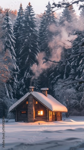 A cabin stands in the center of a snowy forest, surrounded by snow-covered trees and a blanket of white snow on the ground. The setting depicts a wintry scene with a rustic cabin as the focal point.