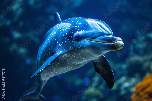 Captivating underwater shot of a dolphin with intricate patterns swimming gracefully among coral reefs © svastix