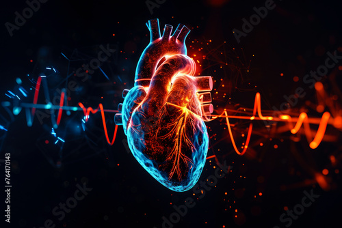 Digital 3D illustration of a human heart with blue digital red and blue cardiac pulse line.