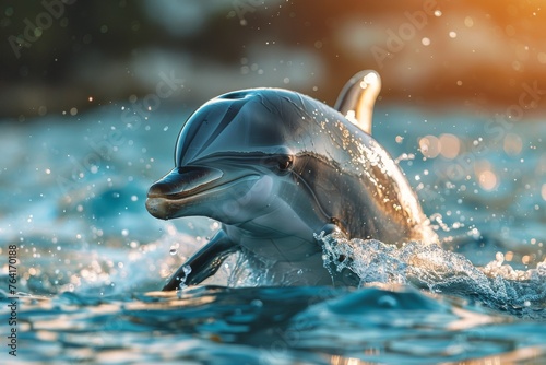 A stunning image of a dolphin emerging from glistening waters against the sunset, capturing the essence of sea life © svastix