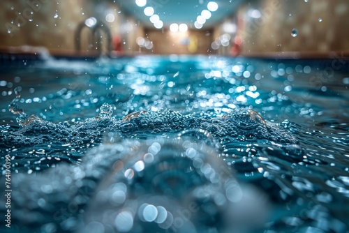 A detailed shot of water surface textures in an indoor swimming pool with background bokeh