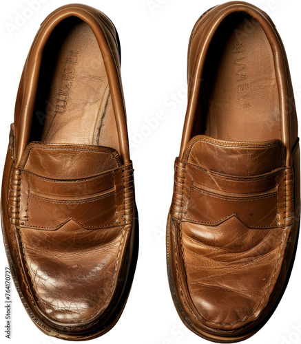 Classic brown leather loafers with detailed stitching, cut out transparent