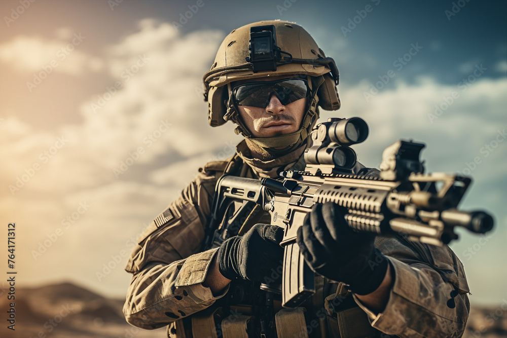Fototapeta premium Young adult man soldier in uniform and helmet made with generative AI