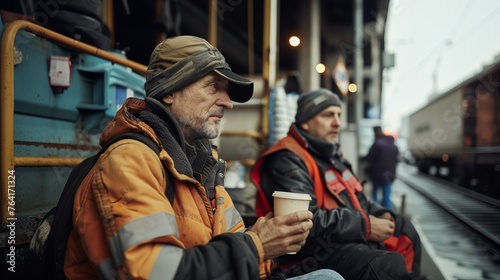 Group of construction workers taking a break and drinking coffee 