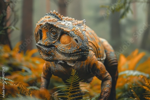 A detailed figurine of a dinosaur set among vibrant ferns  giving a sense of the prehistoric era