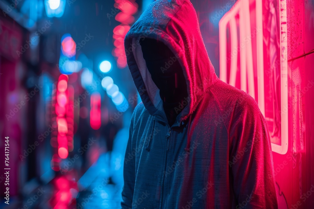 Mysterious hooded figure standing in a neon-lit urban setting at night, creating an eerie atmosphere