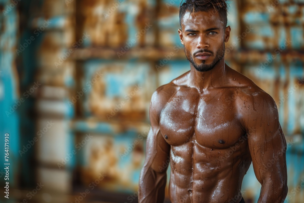 Physique model showcases his muscular form with a focused look in a gym setting Physique model showcases his muscular form with a focused look in a gym setting