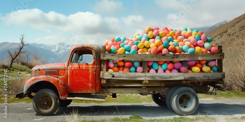 old pick up full of colorful eggs for easter party