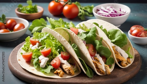 Chicken tacos with salad leaves and tomatoes