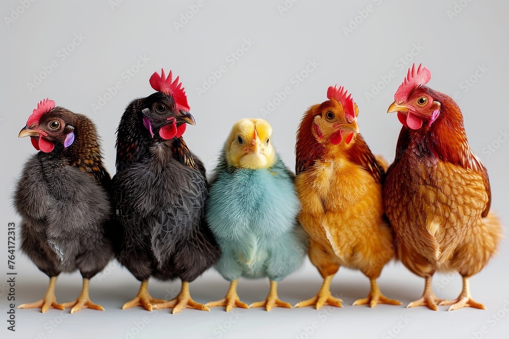 Fototapeta premium Five chickens are aligned to showcase various growth stages, providing an educational perspective