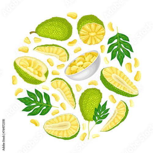 Jackfruit Natural Round Composition Design with Green Tropical Fruit Vector Template