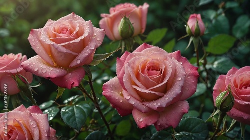 pink roses with small water drops  greenery nature in background with dark light environment.