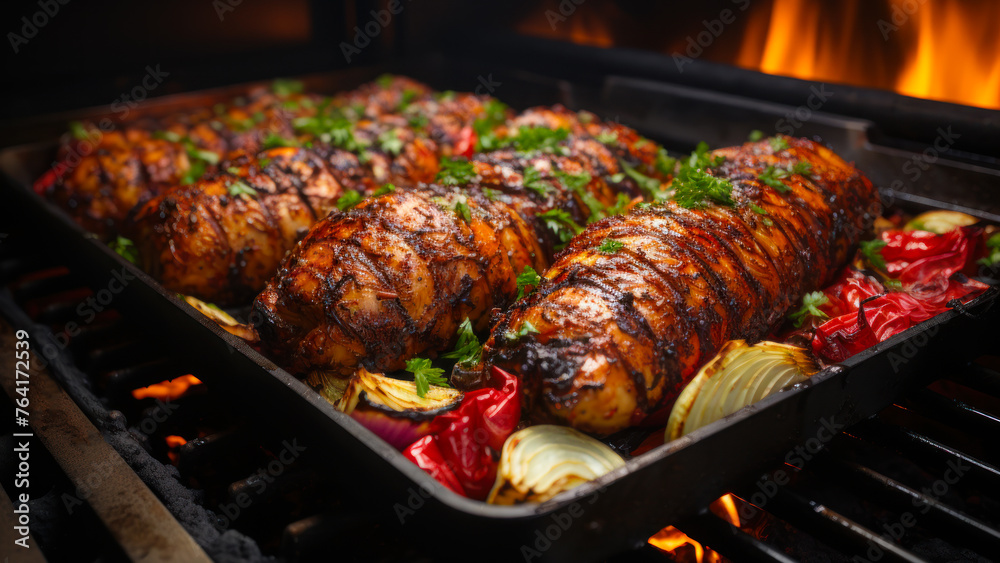 Sizzling Pork Roasts on Grill with Vegetables. Sizzling Pork Roasts on Grill with Vegetables.