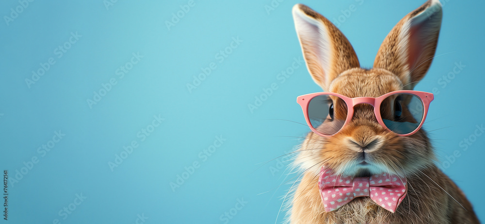 cute funny bunny in pink rimmed glasses and bow tie on neck, on nice light blue background, easter fashion bunny, widescreen banner image with free space cute funny bunny in pink rimmed glasses and bow tie on neck, on nice light blue background, easter fashion bunny, widescreen banner image with free space