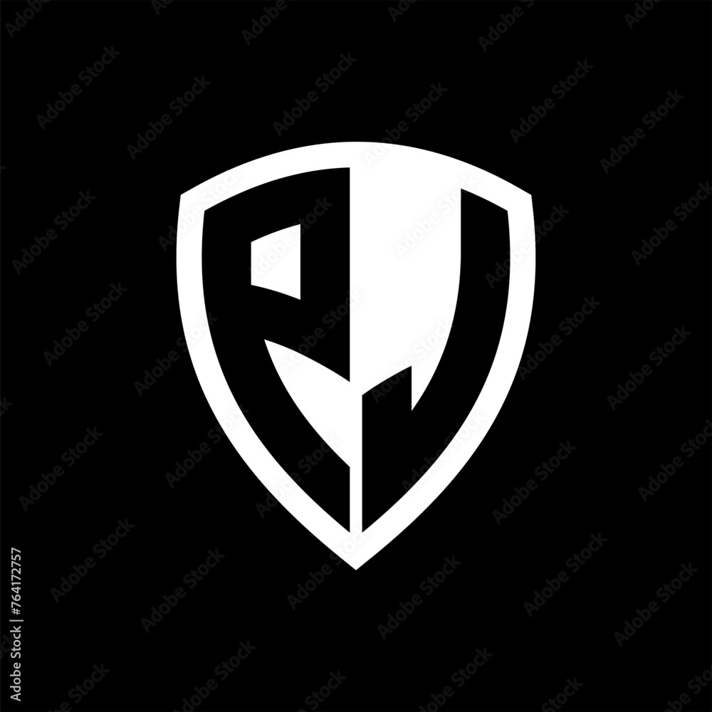 PJ monogram logo with bold letters shield shape with black and white color design PJ monogram logo with bold letters shield shape with black and white color design