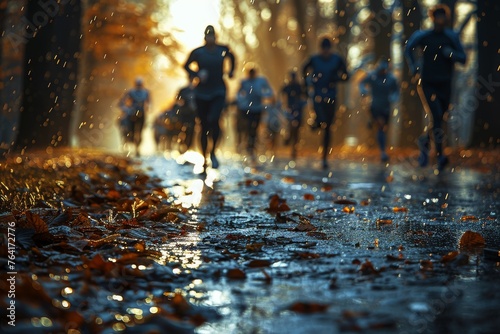 A group of runners is captured from a low angle, emphasizing the movement and the autumnal setting sun on the wet path