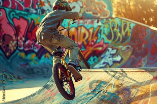 Urban boy having fun riding BMX bike at skate park. Freedom and youthfulness mood. Children and youth sport.