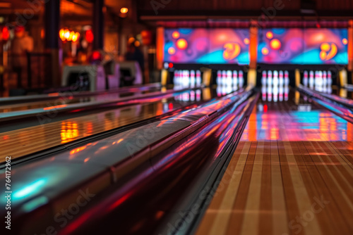 Vibrant Bowling Alley Lanes with Vivid Lights.