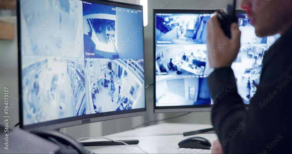 Screen, walkie talkie or talking with cctv monitor for protection, security service or building safety. Man, video surveillance agency or guard in control room with camera footage for crime at night